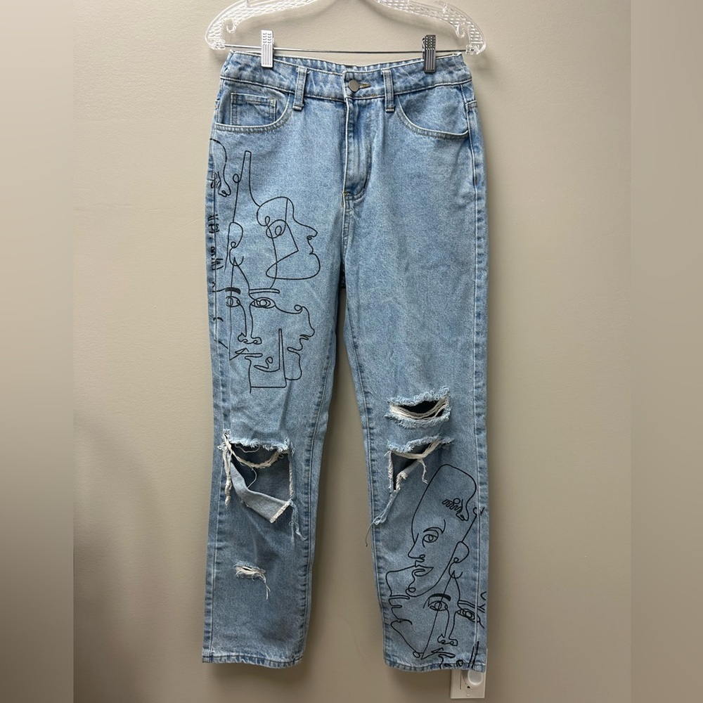 Shein Line Art Ripped Loose‎ Baggy Women’s Jeans